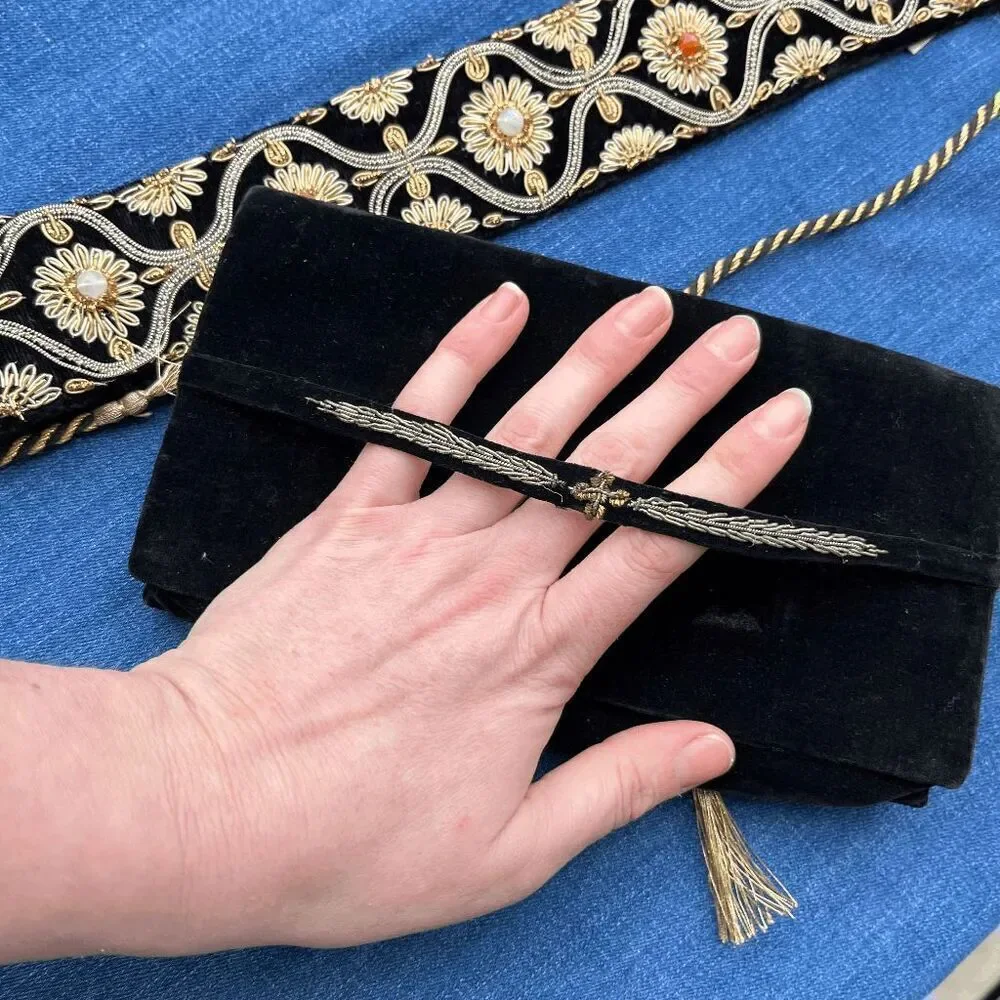 Vintage Hand-Embroidered Velvet Evening Clutch Made in India | Black & Gold